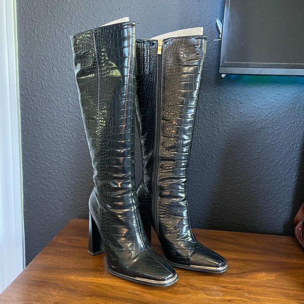 EGO Black Croc Heeled Boots